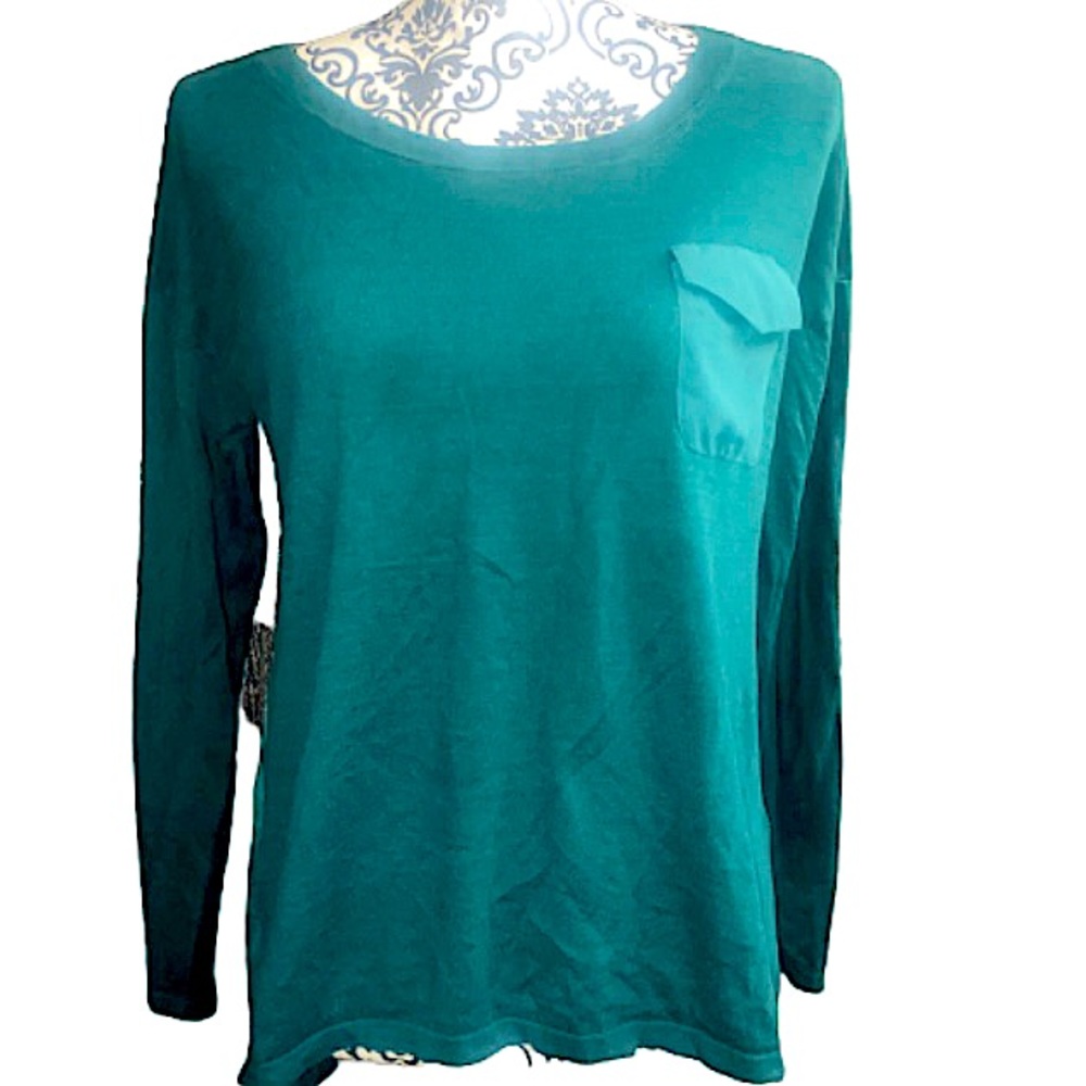 August Silk Women’s M Pocket Detail Long Sleeve Two Tone Green Flowing Blouse